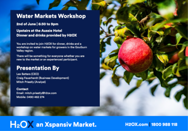 **POSTPONED** H2OX Water Markets Workshop- 2nd June 2022 from 6:30pm-9:00pm @ The Aussie Hotel, Shepparton