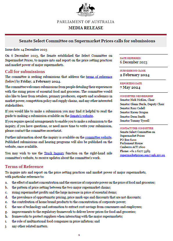 MEDIA RELEASE: Senate Select Committee on Supermarket Prices