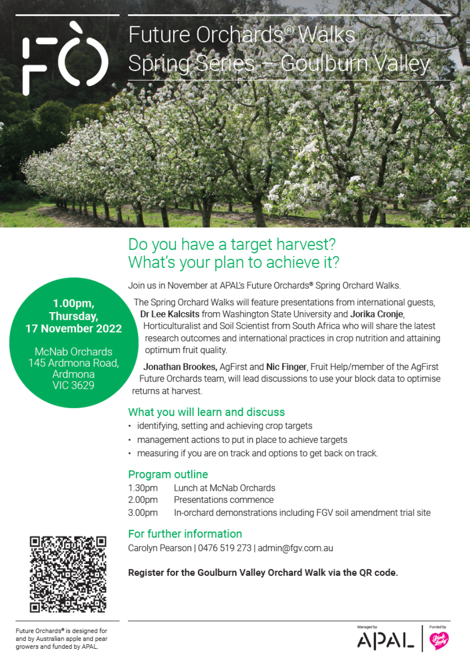 Future Orchards Northern 'Spring Orchard Walk' Thursday 17th November 2022 at 1pm- McNabs Orchards, Ardmona