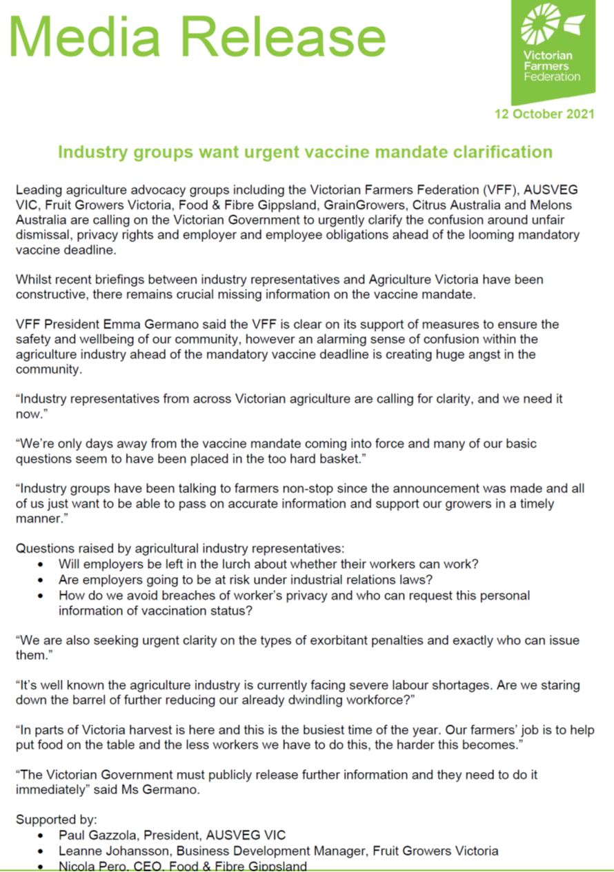 MEDIA RELEASE - Industry Groups want urgent vaccine mandate clarification