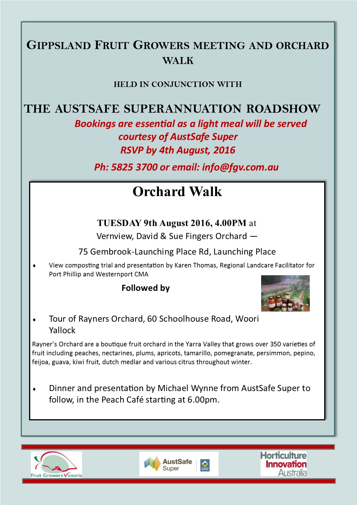 Gippsland Fruit Grower Meeting & Orchard Walk being held in conjunction with Austsafe Super Roadshow