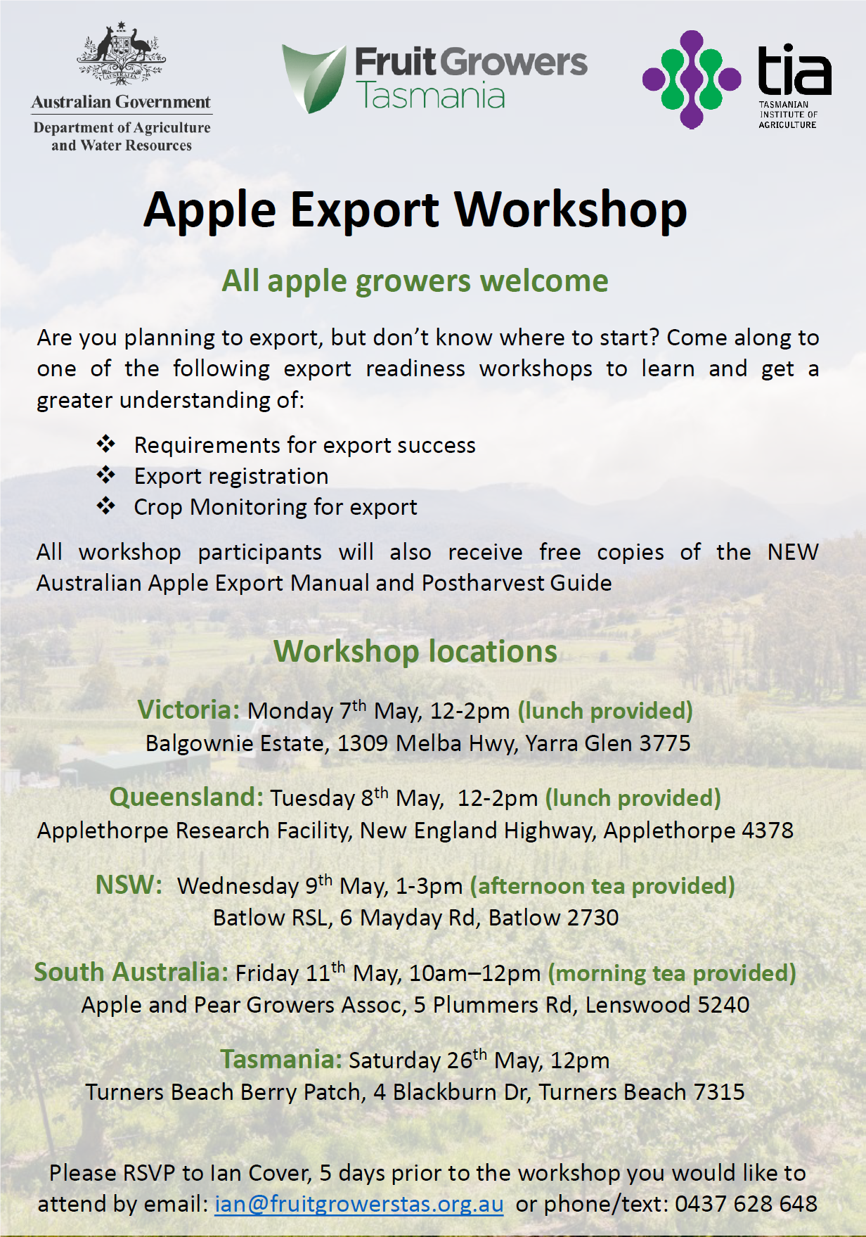 Apple Export Workshop- Monday 7th May 2018 from 12noon-2pm to be held at Balgownie Estate, Yarra Glen
