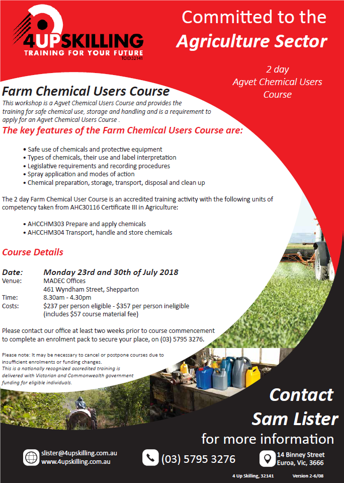 Chemical Users Course- 23rd and 30th July, 8:30am – 4:30pm at the MADEC Offices, Shepparton