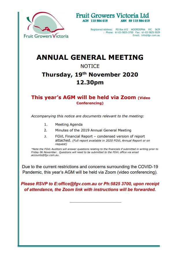 FGV AGM- Save the date! 19th November 2020 at 12:30pm