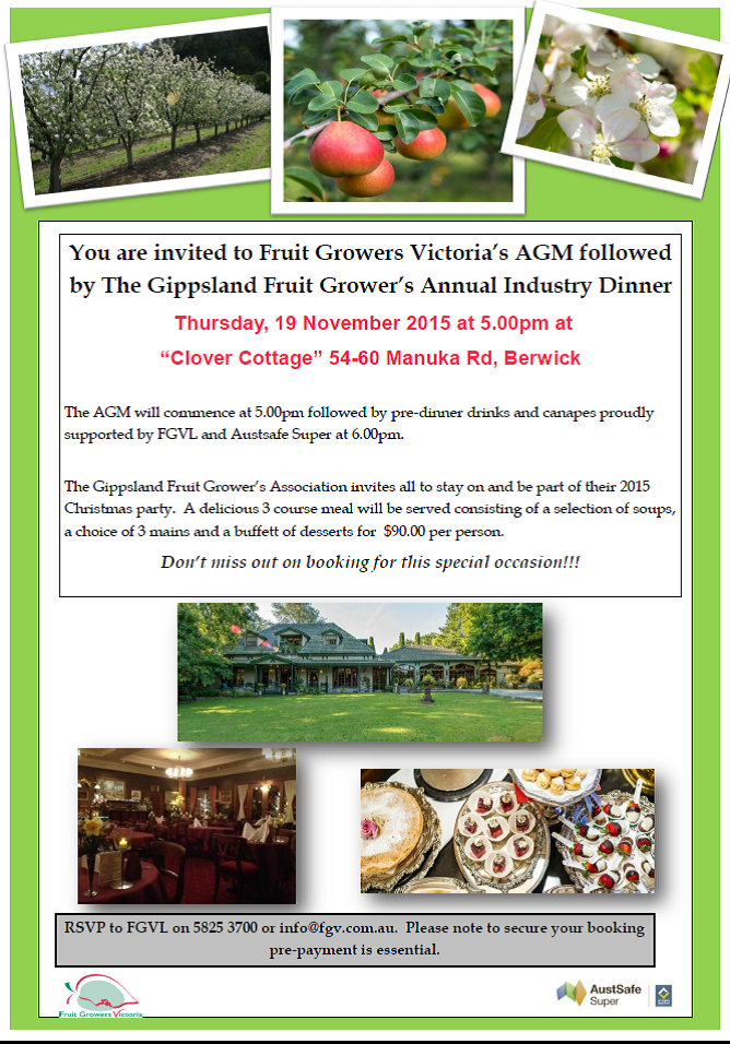 You are invited to FGVL's AGM & Gippsland Fruit Growers's Ass. Industry Dinner!!!
