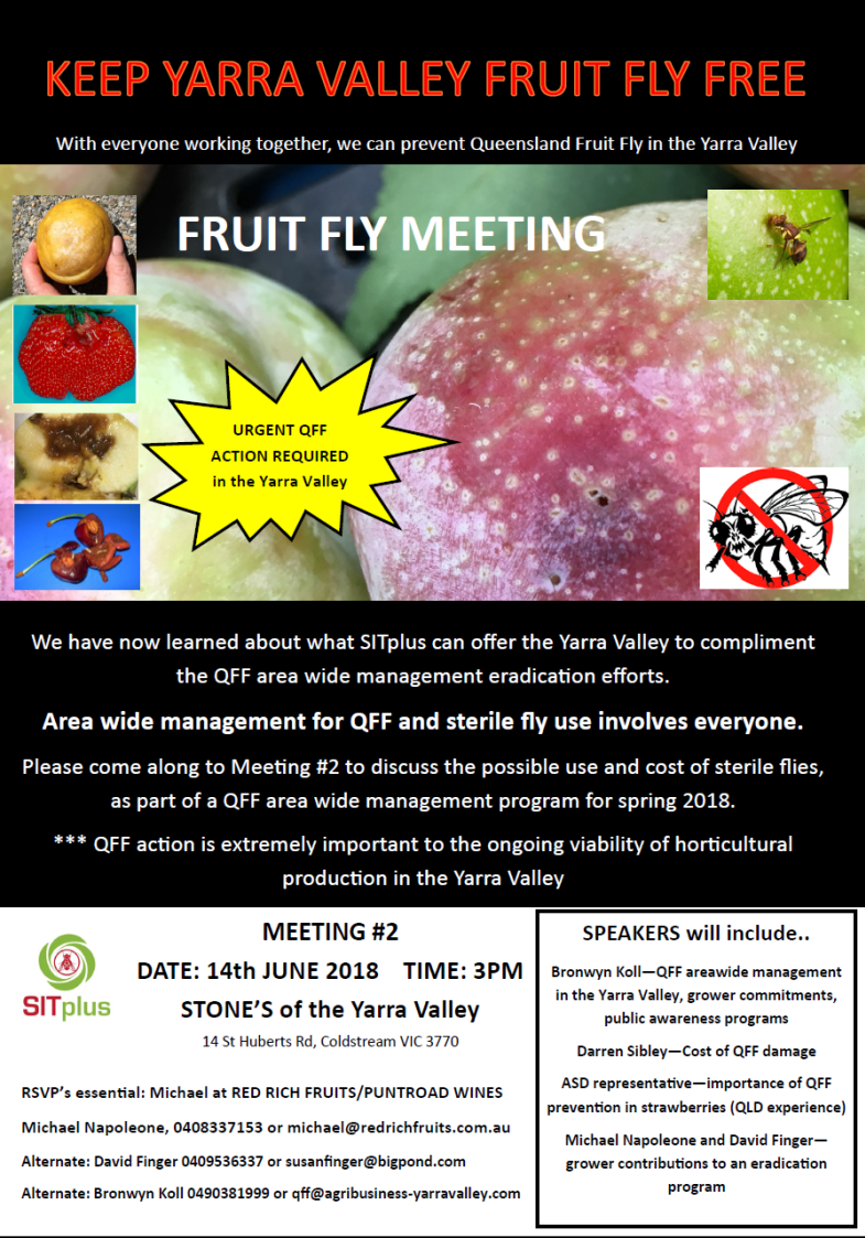 SITplus Fruit Fly Meeting- Thursday 14th June 2018 at 3:00pm to be held at Stone's of the Yarra Valley - 14 St Huberts Road, Coldstream 