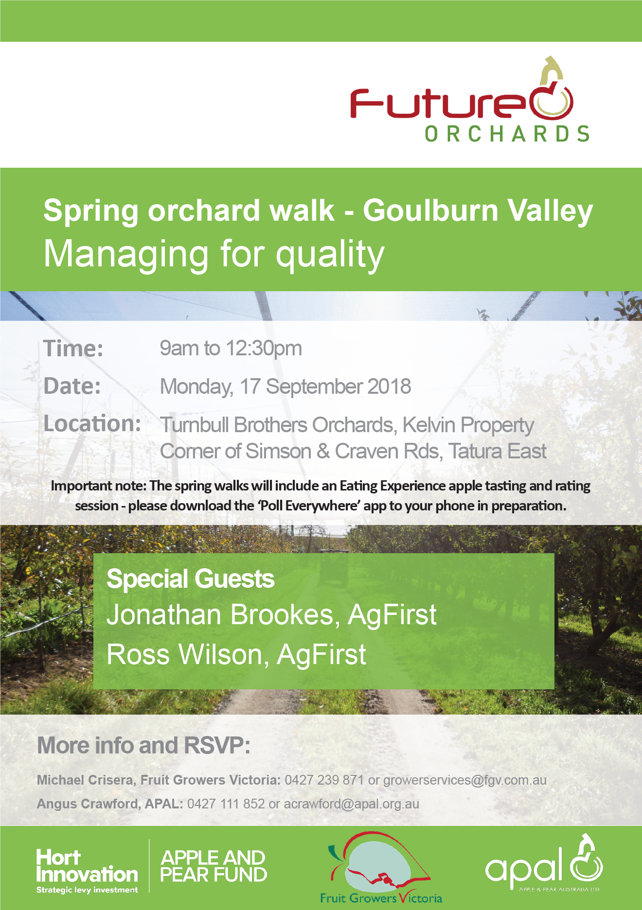 Future Orchards 'Spring Orchard Walk'- Monday 17th September 2018 from 9:00am-12:30pm to be held at Turnbull Bros Orchards, Corner of Simpson & Craven Roads, Tatura East