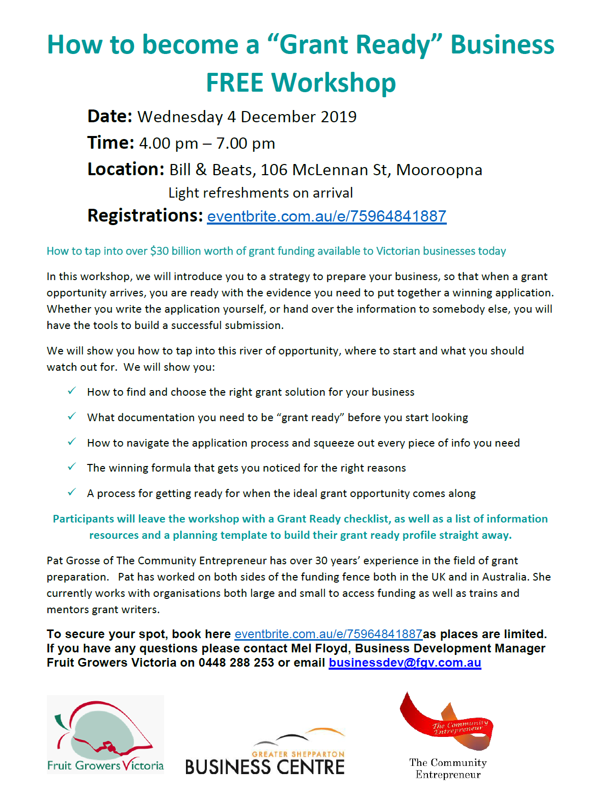 How to become a 'Grant Ready Business'- FREE Workshop- Wednesday 4th December 2019 from 4:00pm-7:00pm