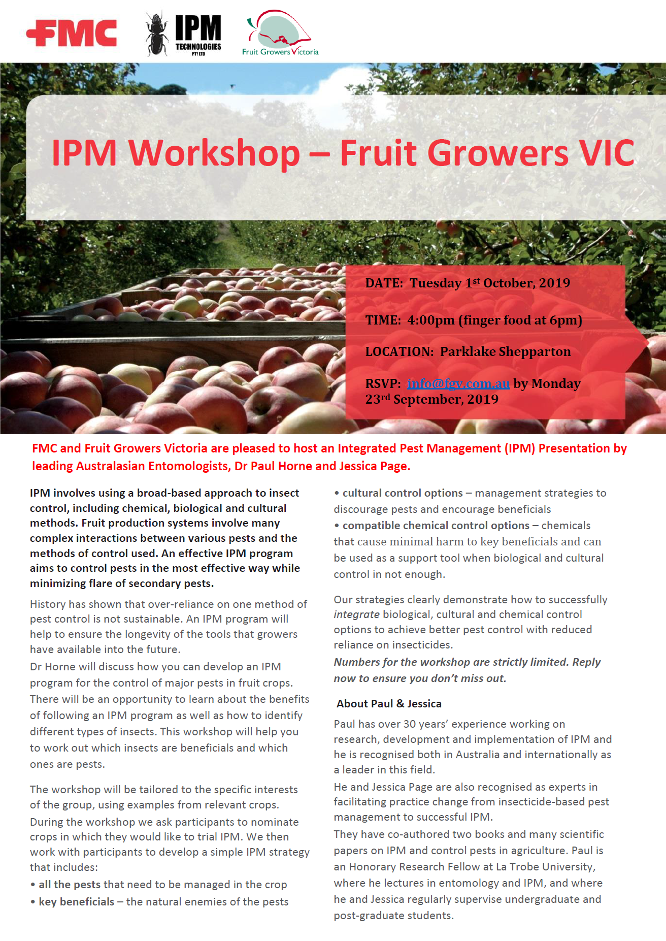 FMC & Fruit Growers Victoria IPM Workshop- Tuesday 1st October 2019, Parklake Shepparton