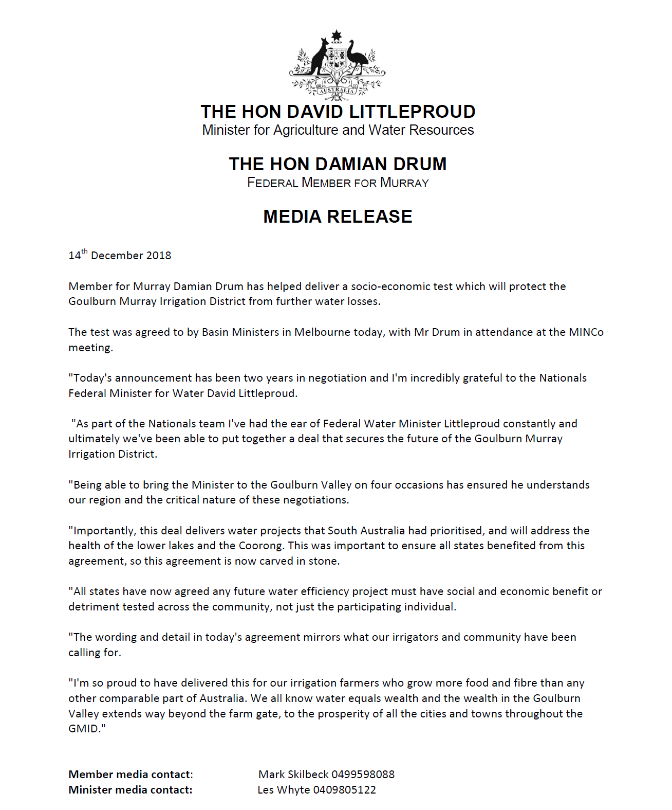 MEDIA RELEASE- FROM THE HON DAMIAN DRUM MP, FEDERAL MEMBER FOR MURRAY