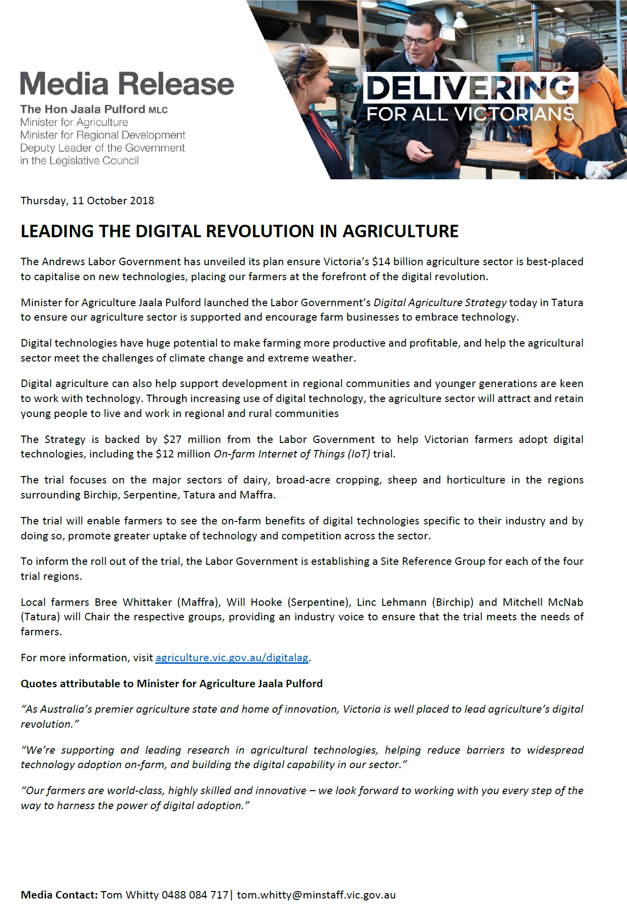 Media Release- Leading the Digital Revolution in Agriculture