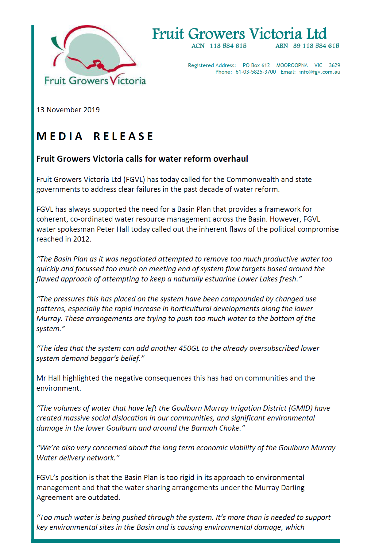 MEDIA RELEASE: Fruit Growers Victoria calls for water reform overhaul