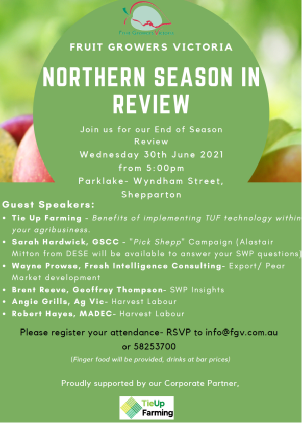 RESCHEDULED!! Fruit Growers Victoria Northern 'Season in Review'- Wednesday 30th June 2021 from 5:00pm