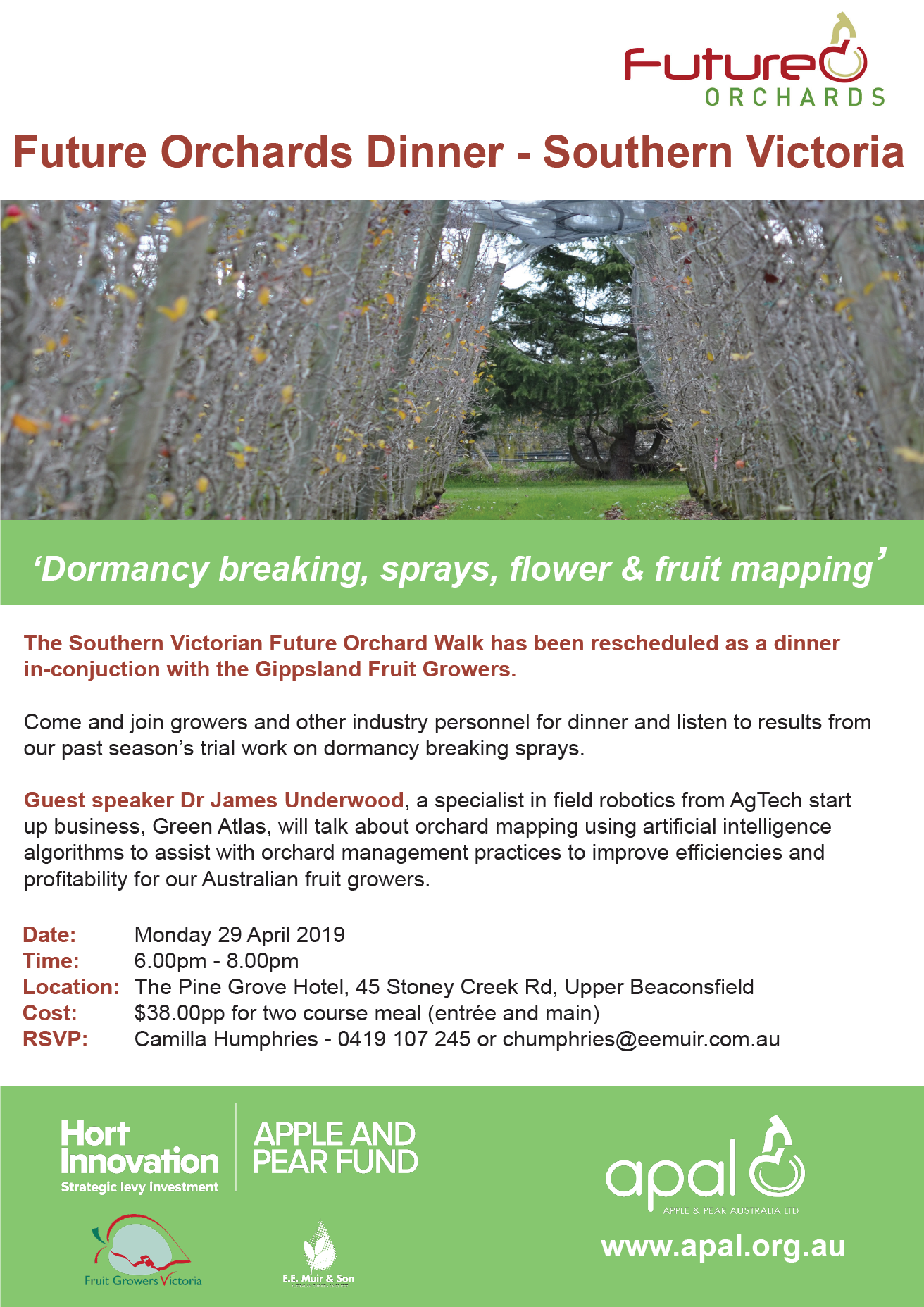 Future Orchards Dinner- Southern Victoria. Monday 29th April 2019 at The Pine Grove Hotel, 45 Stoney Creek Rd, Upper Beaconsfield