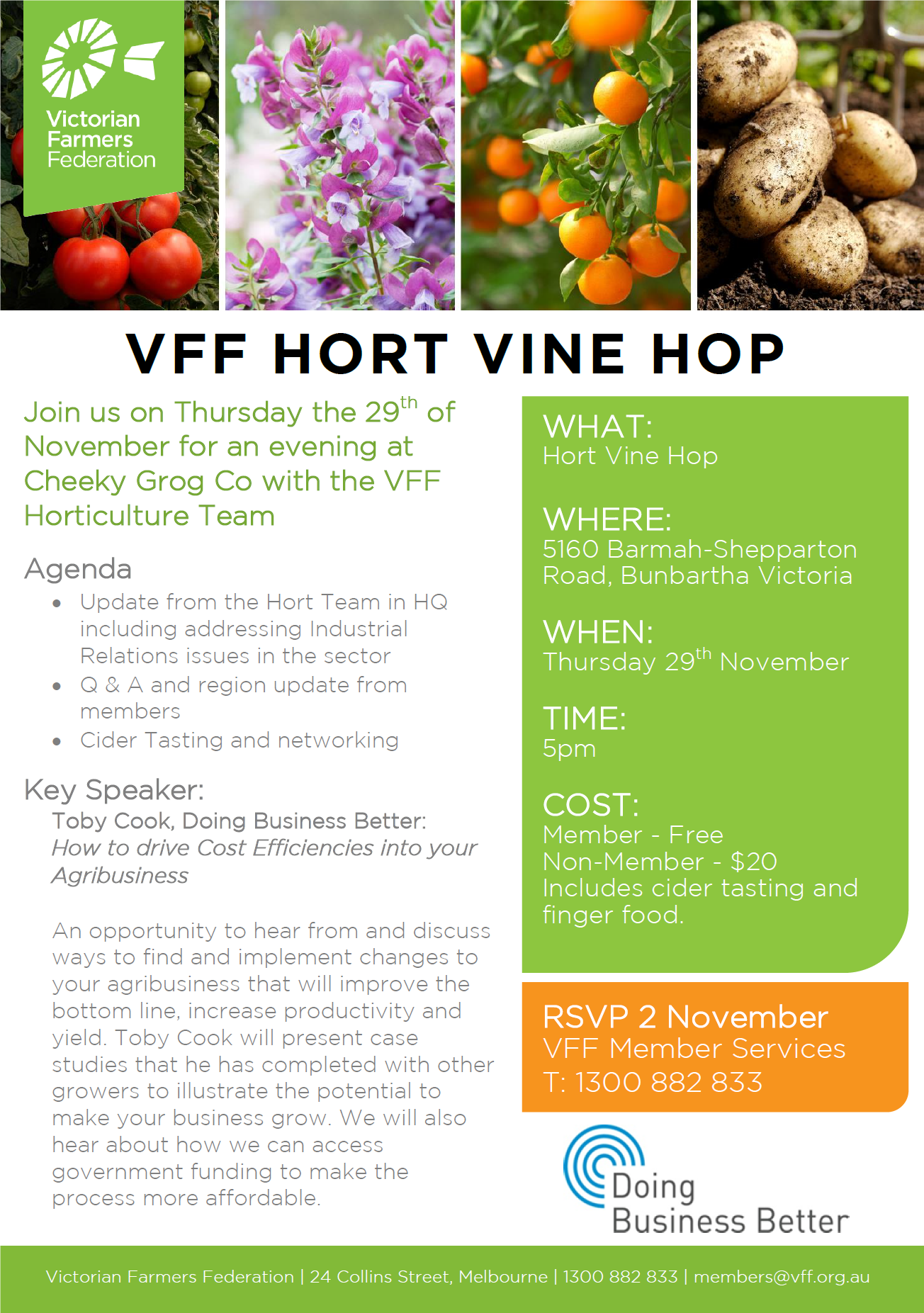 VFF Hort Vine Hop- Shepparton: Thursday 29th Nov 5pm at 'Cheeky Grog Co' 5160 Barmah-Shepparton Road, Bunbartha
