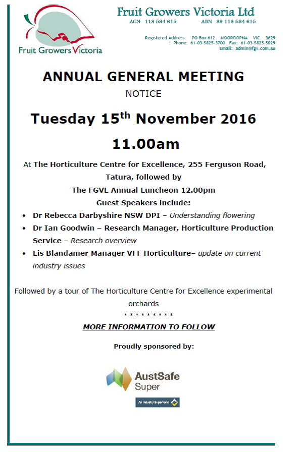 SAVE THE DATE - FGVL AGM Tuesday 15 November at 11.00 am, Tatura Horticulture of Excellence